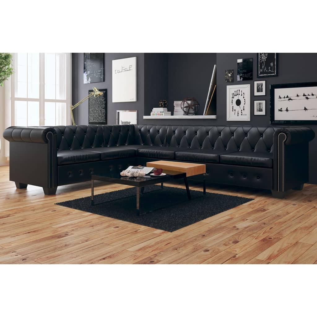 Chesterfield hoekbank 6-zits kunstleer zwart