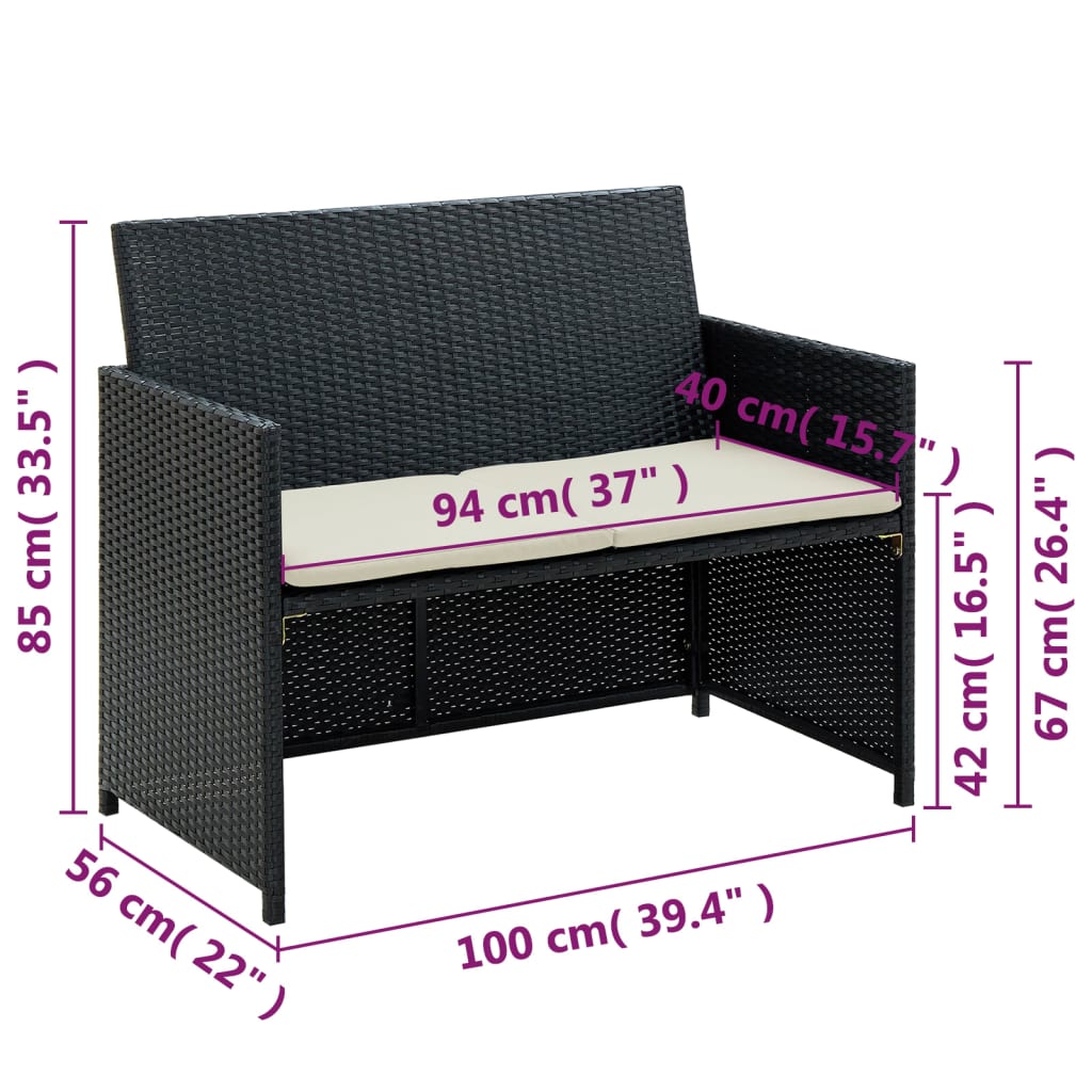 Tuinbank 2-zits met kussens poly rattan zwart