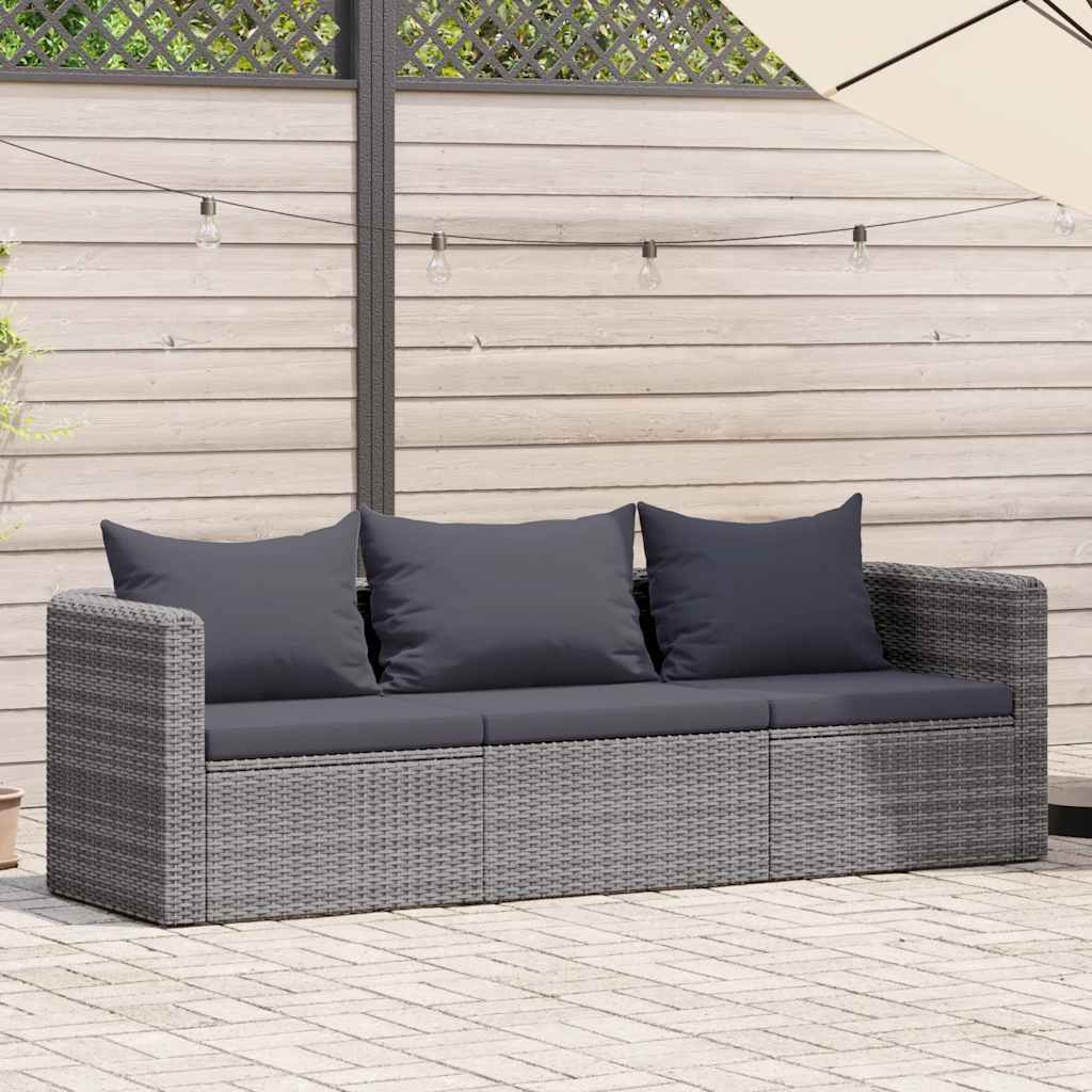 3-delige Loungeset met kussens poly rattan grijs