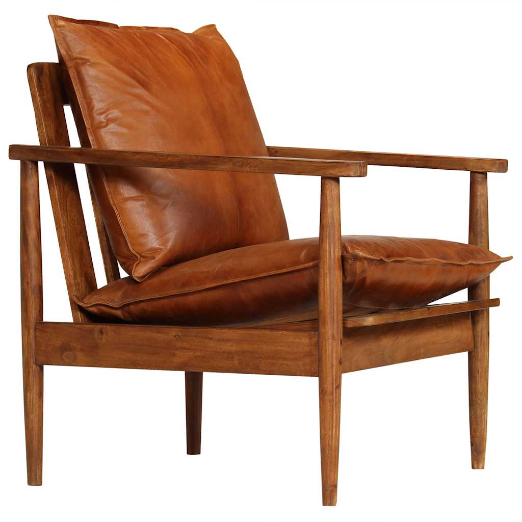 Fauteuil echt leer met acaciahout bruin