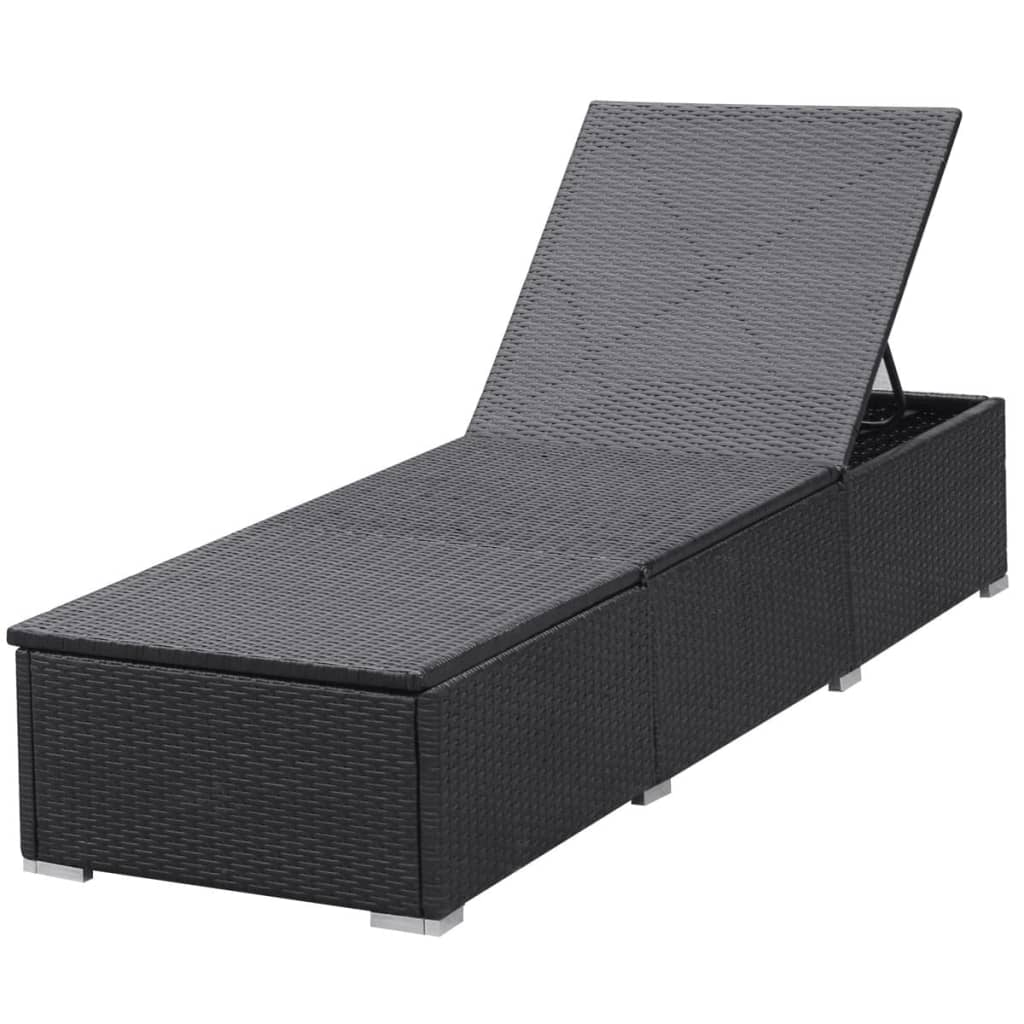 Ligbed met kussen poly rattan zwart