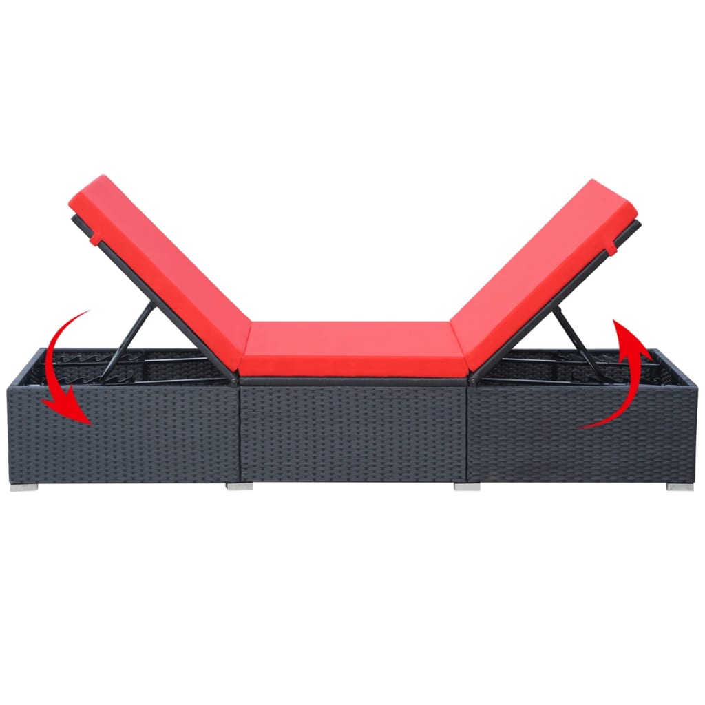 Ligbed met kussen poly rattan zwart