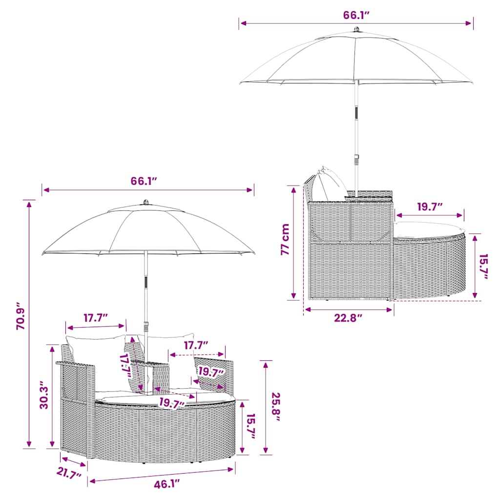 Tuinbank 2-zits met kussens en parasol poly rattan grijs