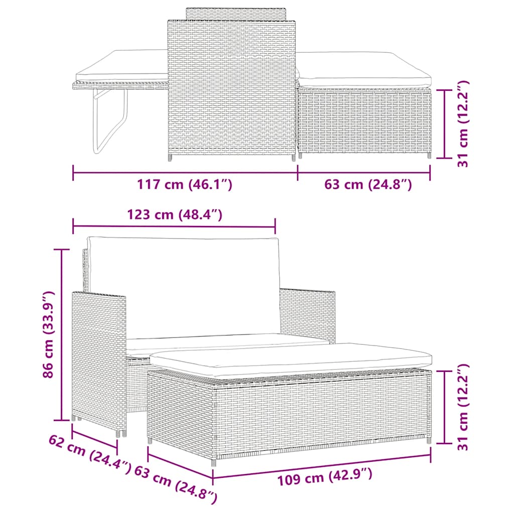 2-delige Loungeset met kussens poly rattan grijs