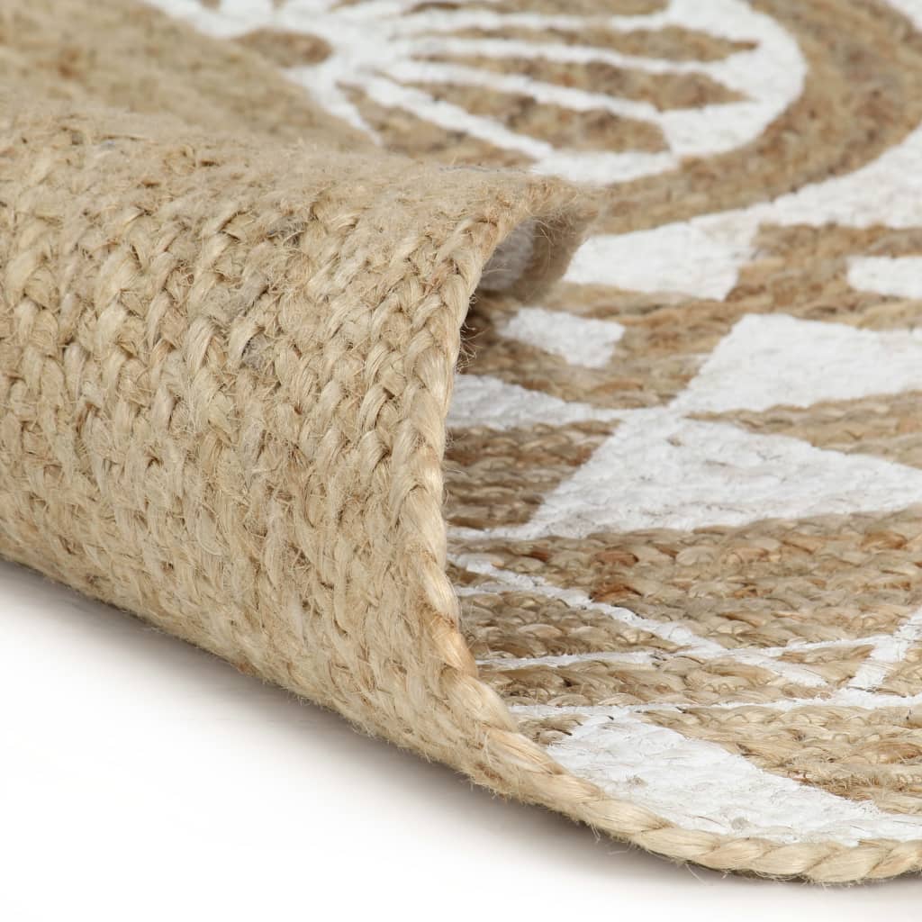 Vloerkleed handgemaakt met witte print 90 cm jute