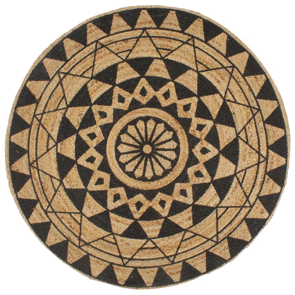 Vloerkleed handgemaakt met zwarte print 120 cm jute