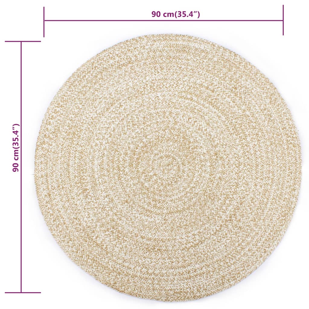 Vloerkleed handgemaakt 90 cm jute wit en naturel