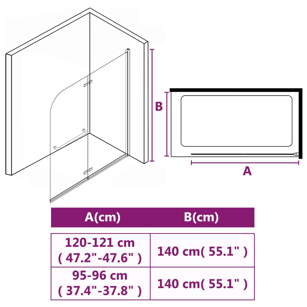 Douchewand inklapbaar 2 panelen 120x140 cm ESG