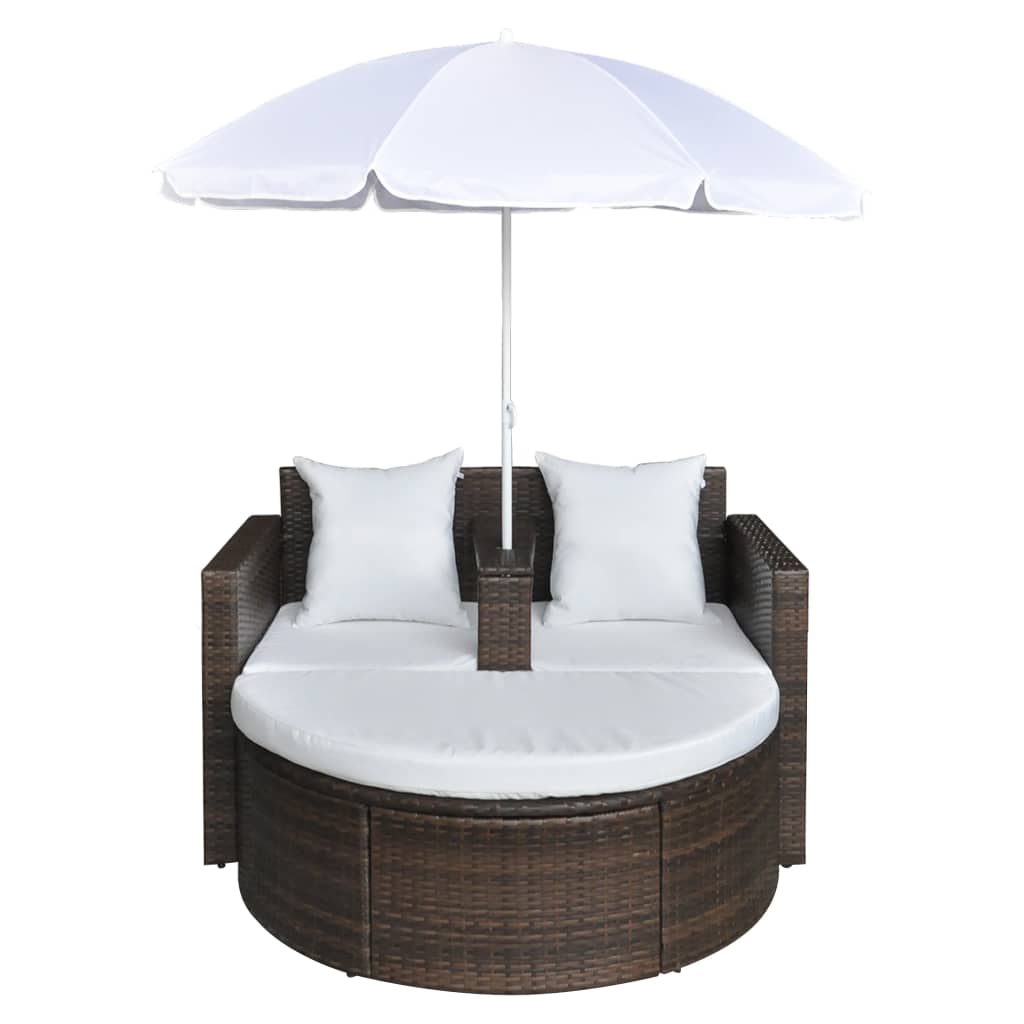 Tuinbed met parasol poly rattan bruin