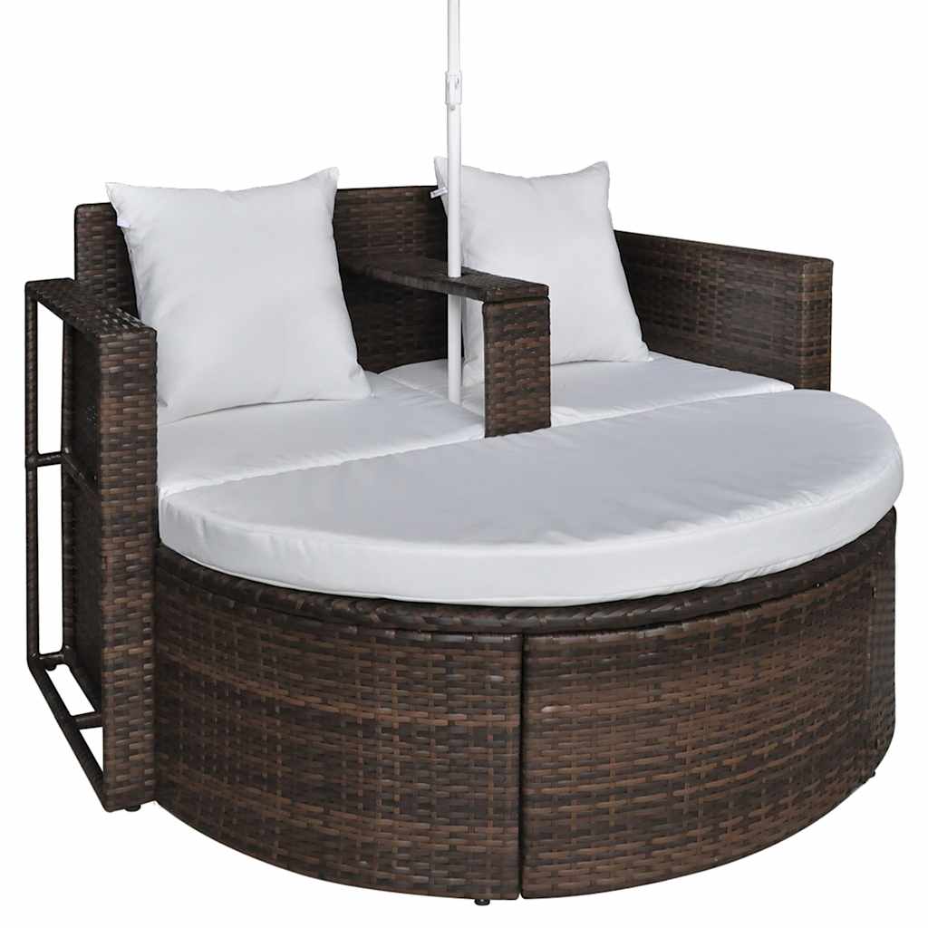 Tuinbed met parasol poly rattan bruin