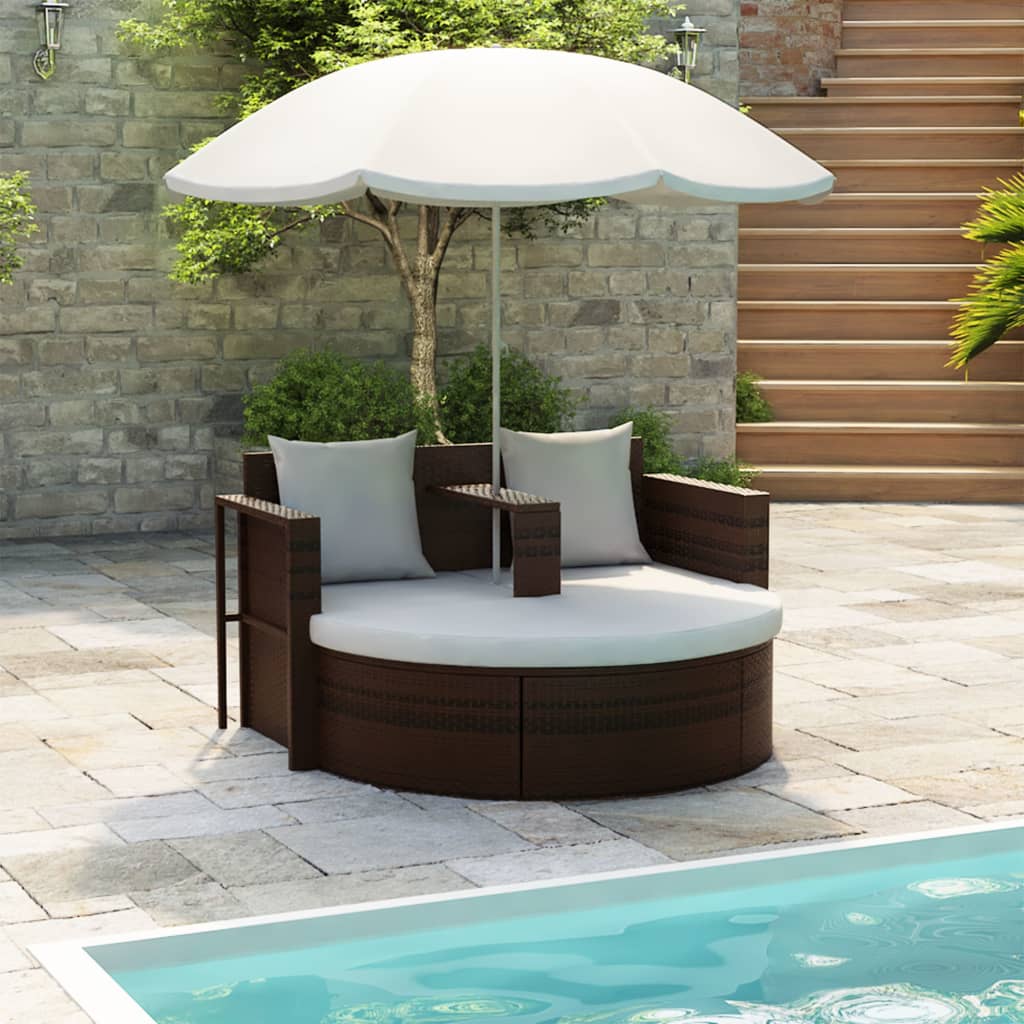 Tuinbed met parasol poly rattan bruin