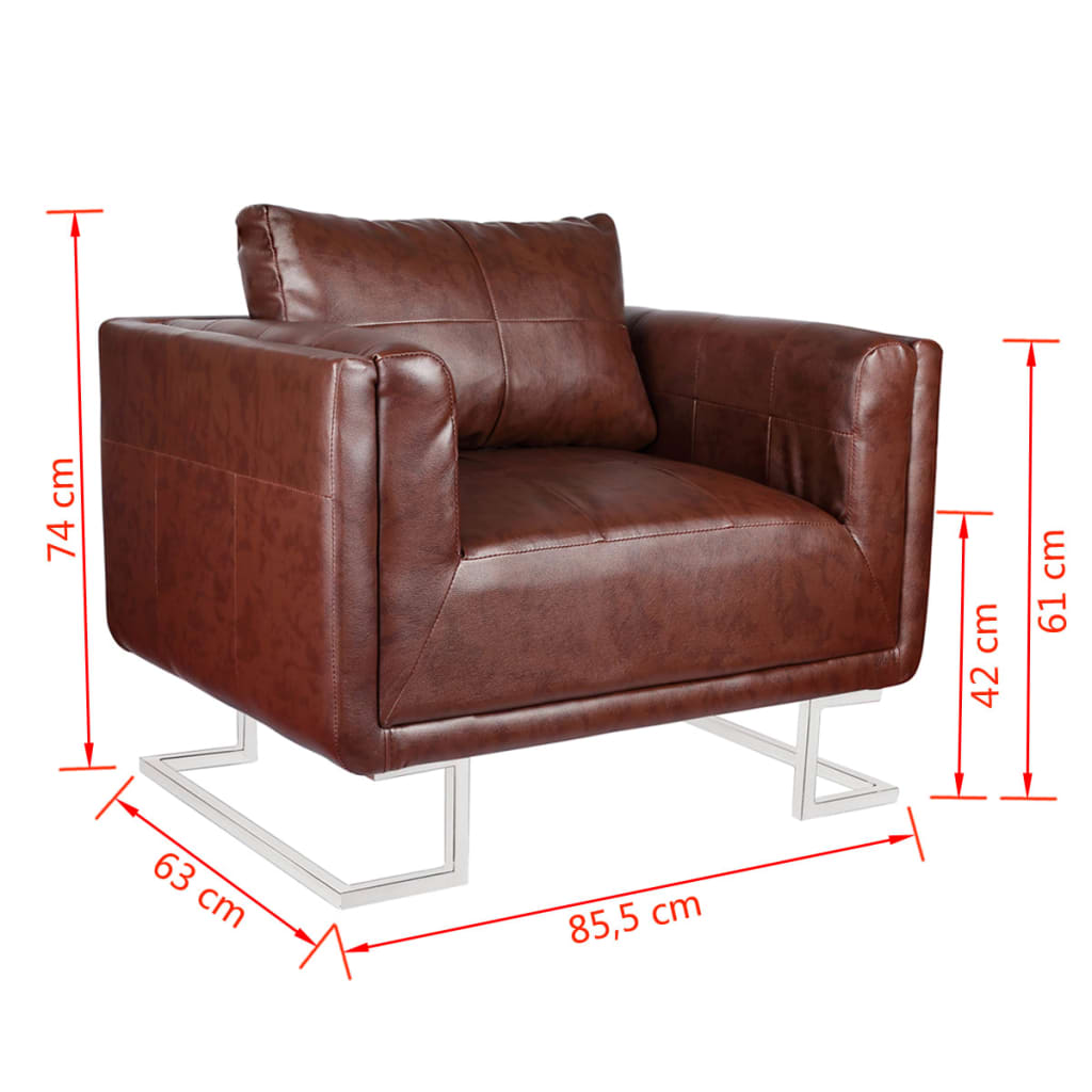 Fauteuil met verchroomde poten kubus kunstleer bruin
