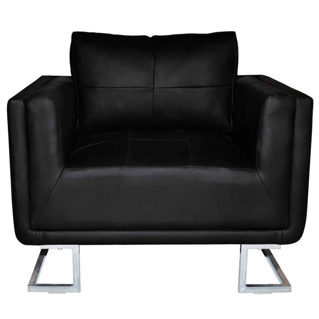 Fauteuil met verchroomde poten kubus kunstleer zwart