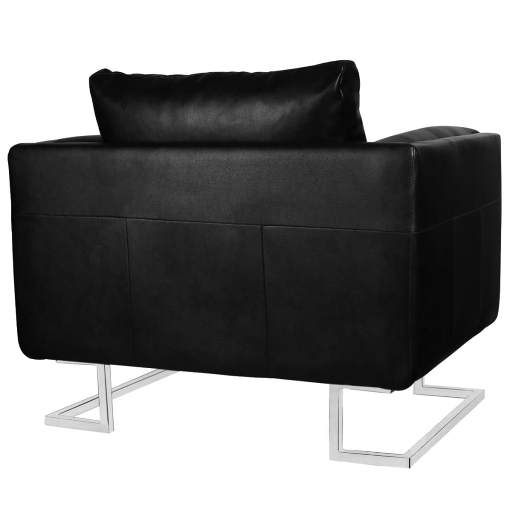 Fauteuil met verchroomde poten kubus kunstleer zwart