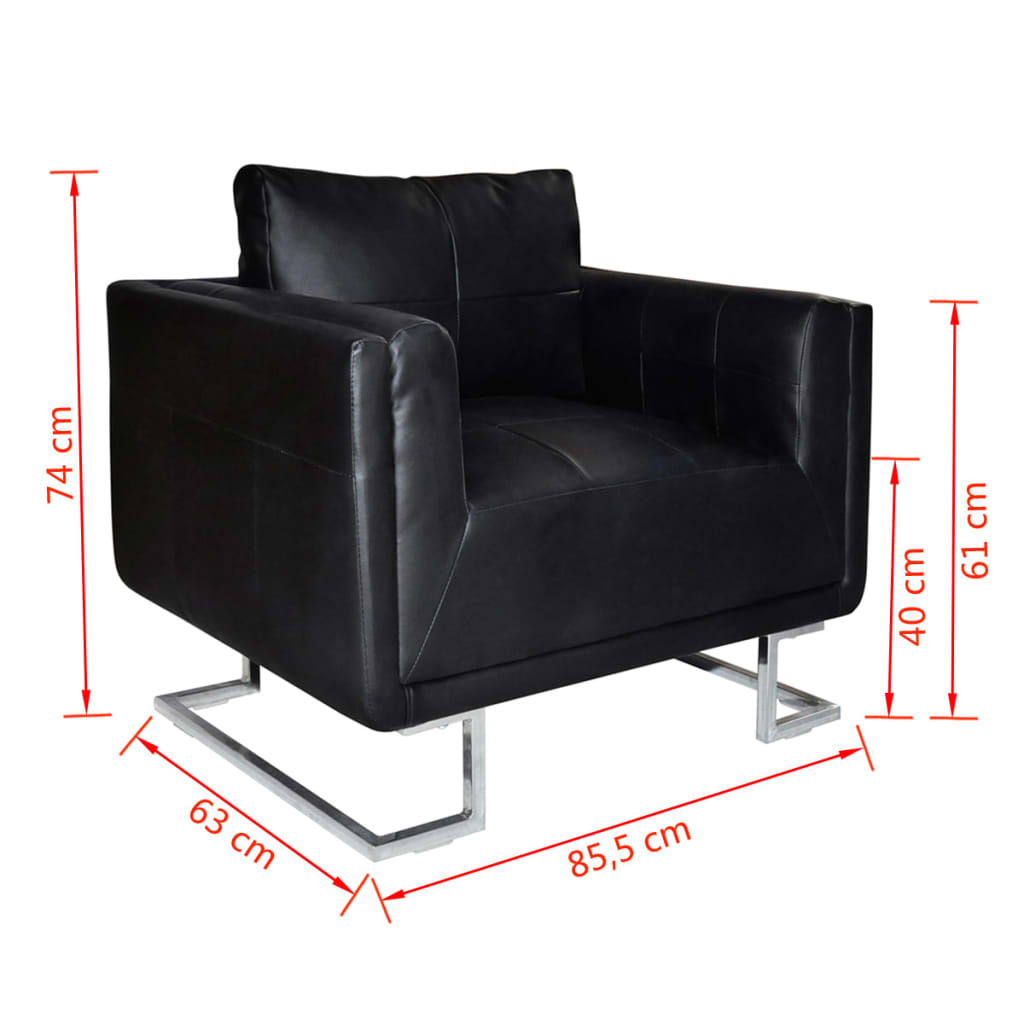 Fauteuil met verchroomde poten kubus kunstleer zwart