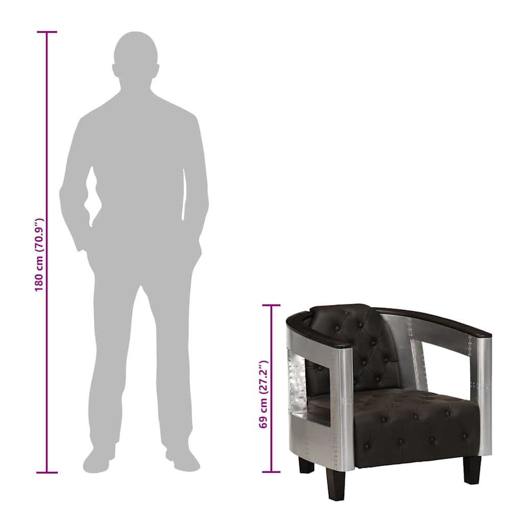 Fauteuil luchtvaartstijl echt leer zwart