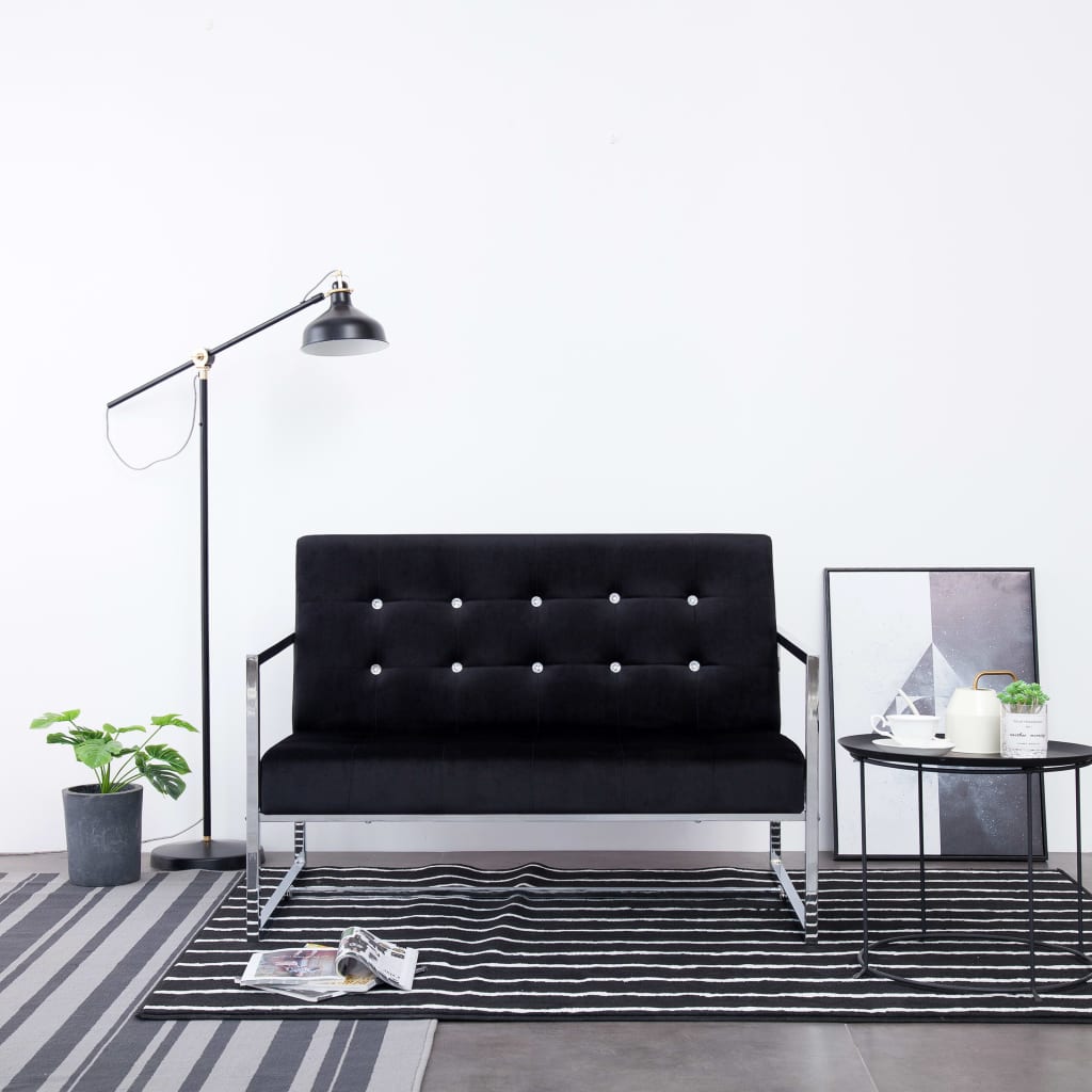 Tweezitsbank met armleuningen chroom en fluweel zwart