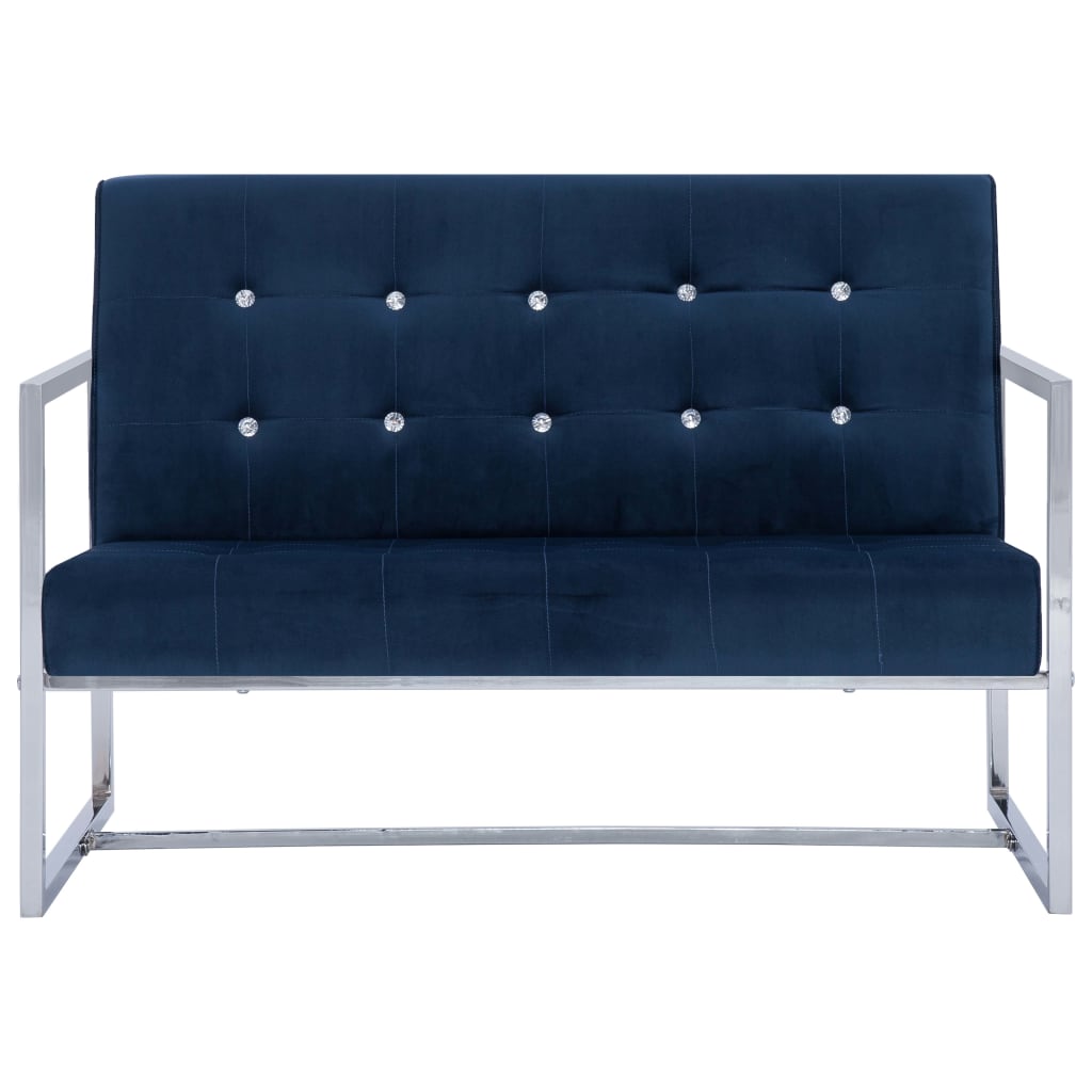 Tweezitsbank met armleuningen chroom en fluweel blauw