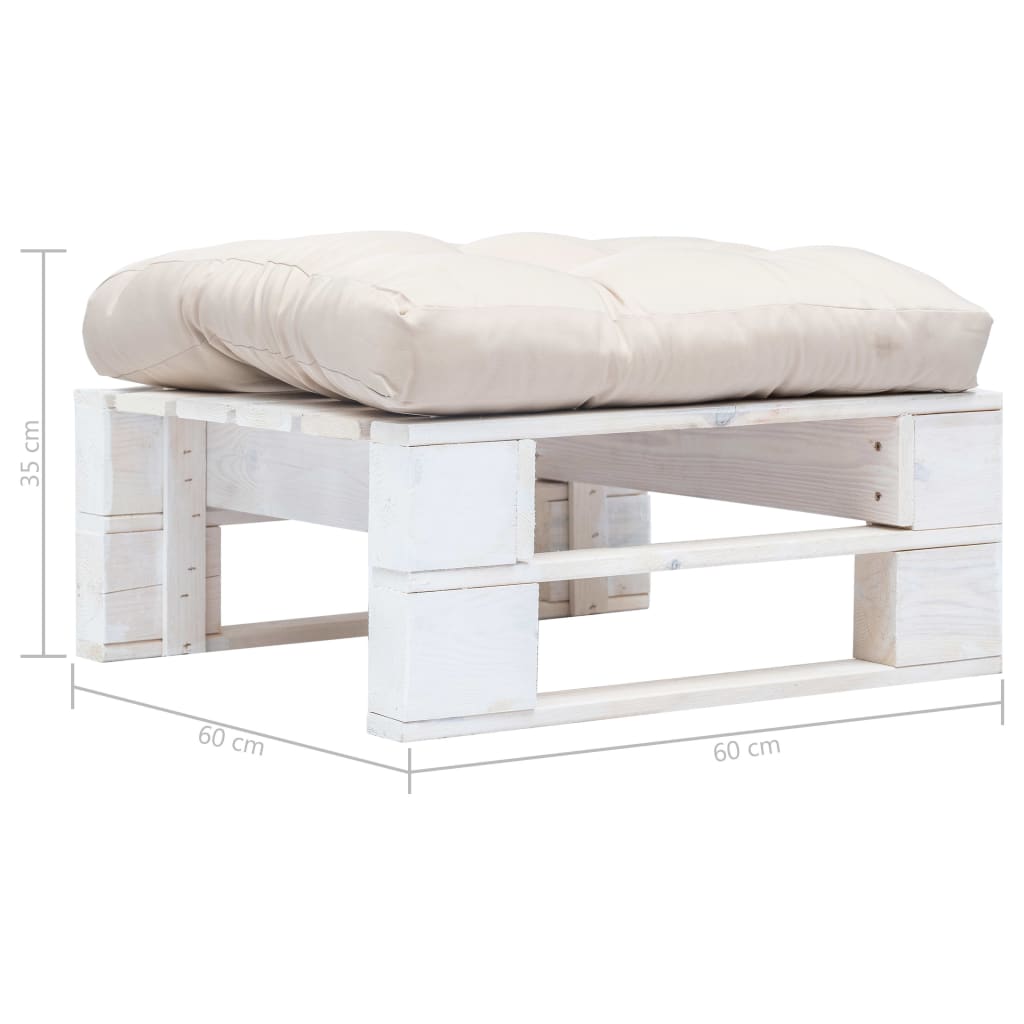 Tuinpoef met zandkleurig kussen pallet hout wit
