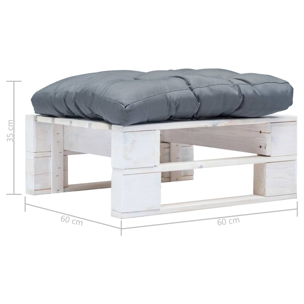 Tuinpoef met grijs kussen pallet hout wit