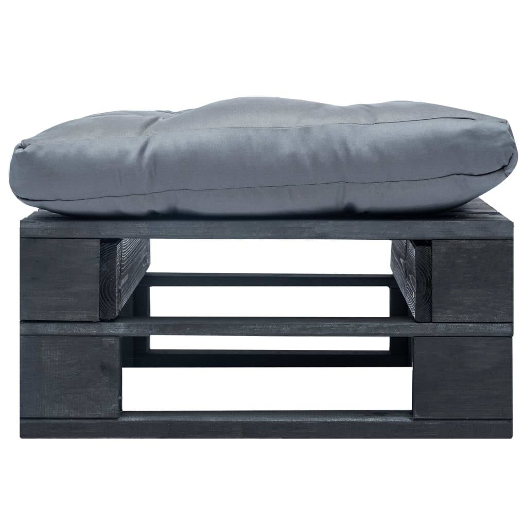 Tuinpoef met grijs kussen pallet hout zwart