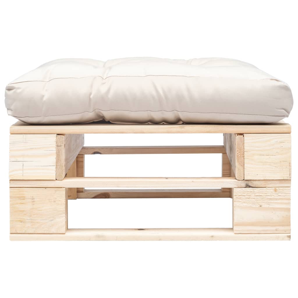 Tuinpoef met zandkleurig kussen pallet hout naturel