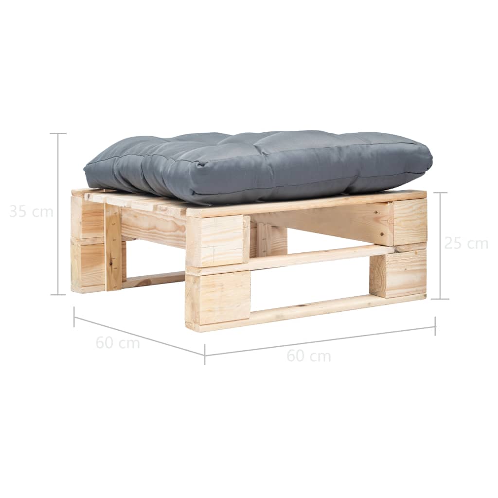Tuinpoef met grijs kussen pallet hout naturel