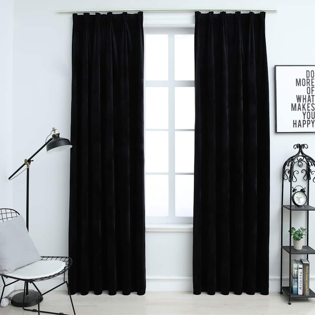 Gordijnen verduisterend 2 st met haken 140x175 cm fluweel zwart