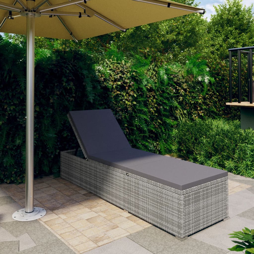 Ligbed met kussen poly rattan grijs