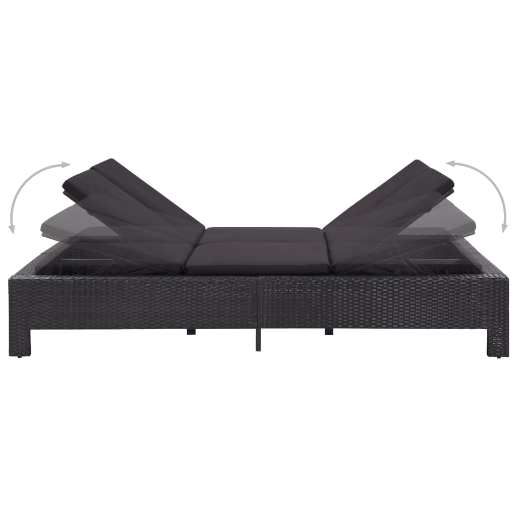 Ligbed met kussen 2-persoons poly rattan zwart