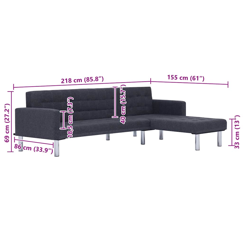 Slaapbank L-vormig polyester donkergrijs