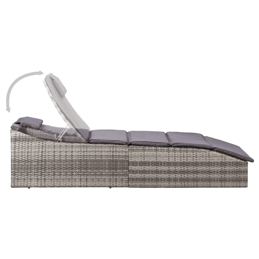 Ligbed met kussen poly rattan grijs