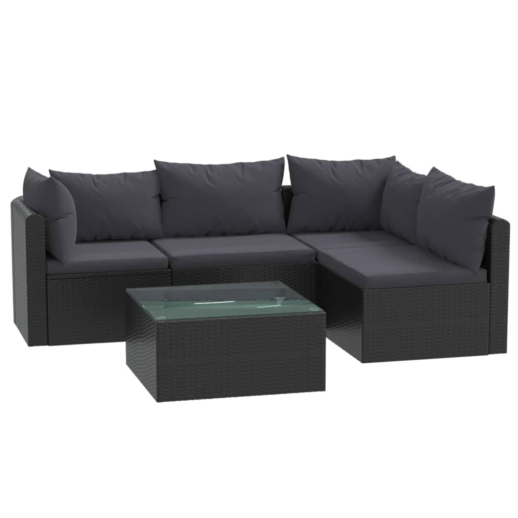 5-Delige Loungeset Met Kussens Poly Rattan Zwart 1 2x hoek + 2x midden + Tafel