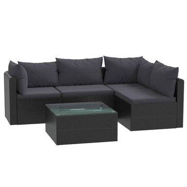 5-Delige Loungeset Met Kussens Poly Rattan Zwart 1 2x hoek + 2x midden + Tafel
