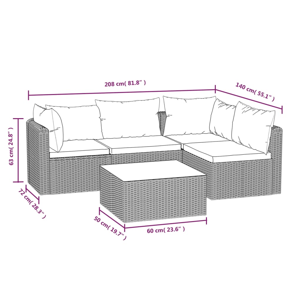 5-Delige Loungeset Met Kussens Poly Rattan Zwart 1 2x hoek + 2x midden + Tafel