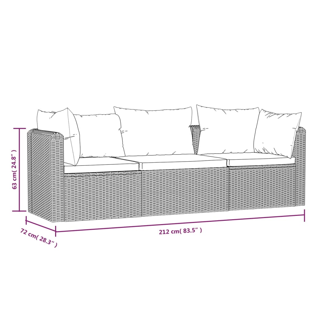 3-Delige Loungeset Met Kussens Poly Rattan Zwart 1 Driezitsbank
