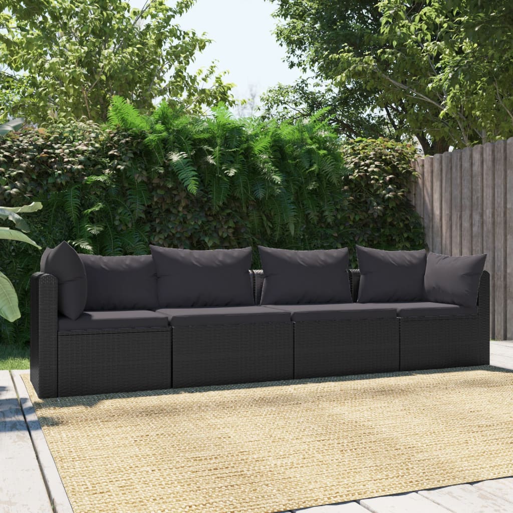 4-Delige Loungeset Met Kussens Poly Rattan Zwart 1 Vierzitsbank