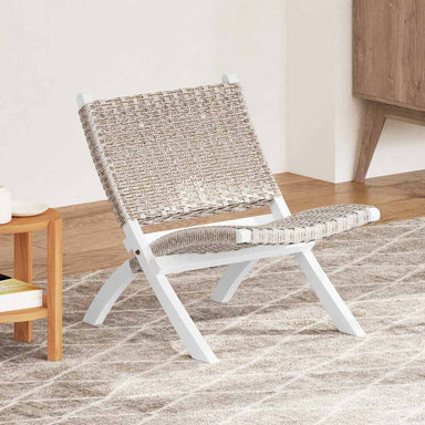 Relaxstoel natuurlijk kubu rattan en massief mahoniehout wit