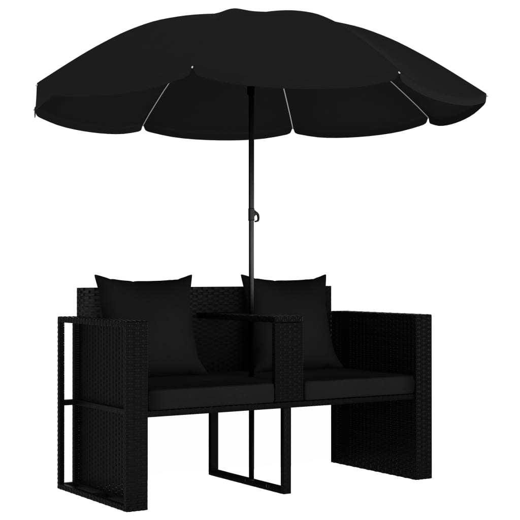 Tuinbed met parasol poly rattan zwart