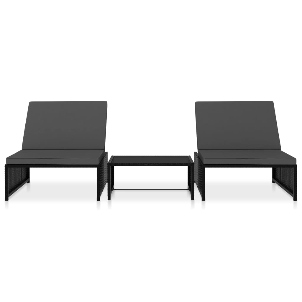 Tuinstoelen 2 st verstelbaar met tafel poly rattan zwart