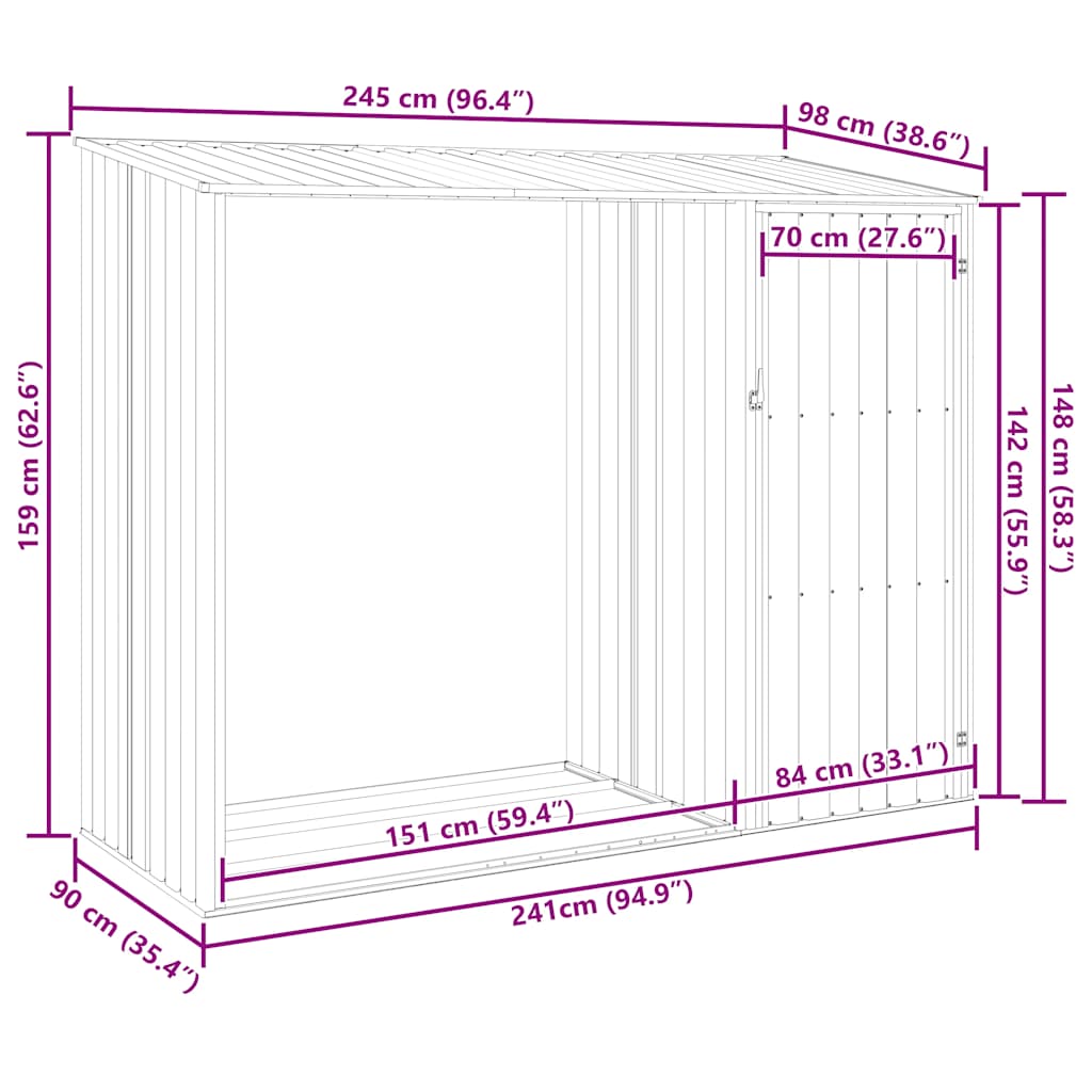Brandhoutschuur 245x98x159 cm gegalvaniseerd staal grijs