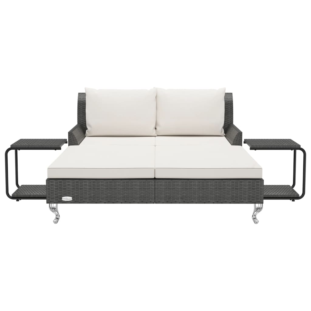 Ligbed met kussens 2-persoons poly rattan zwart