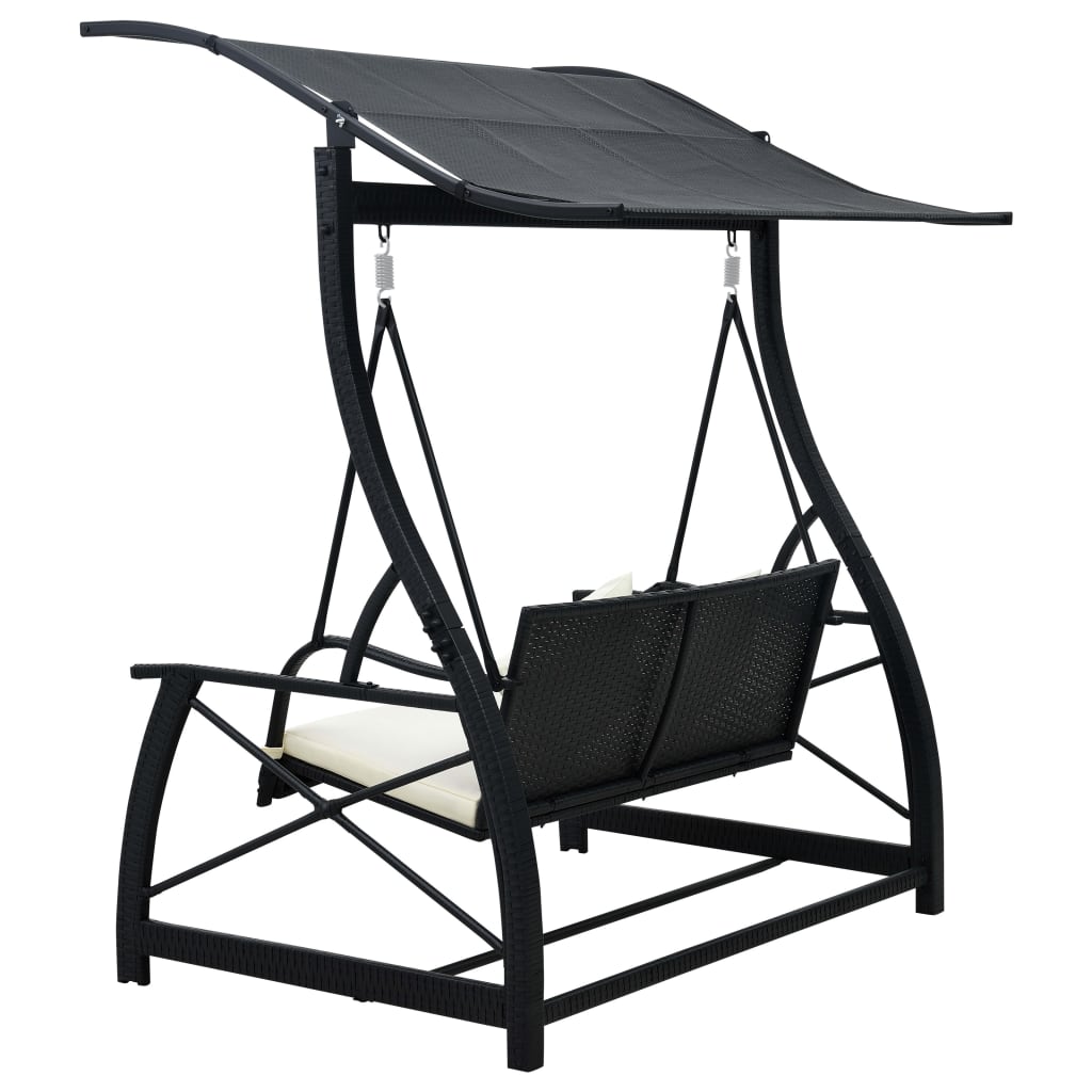 Schommelbank 3-zits met dak poly rattan zwart