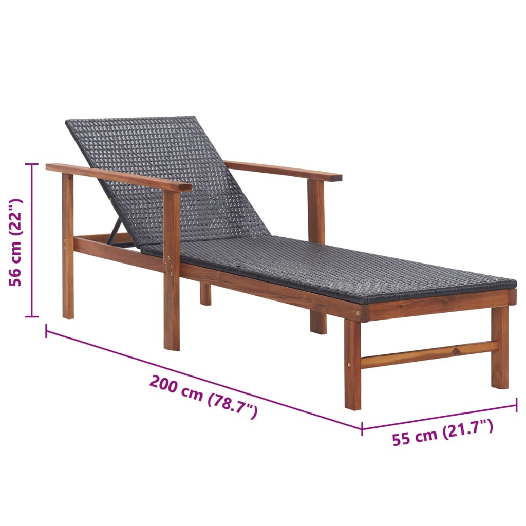Ligbed poly rattan en massief acaciahout zwart