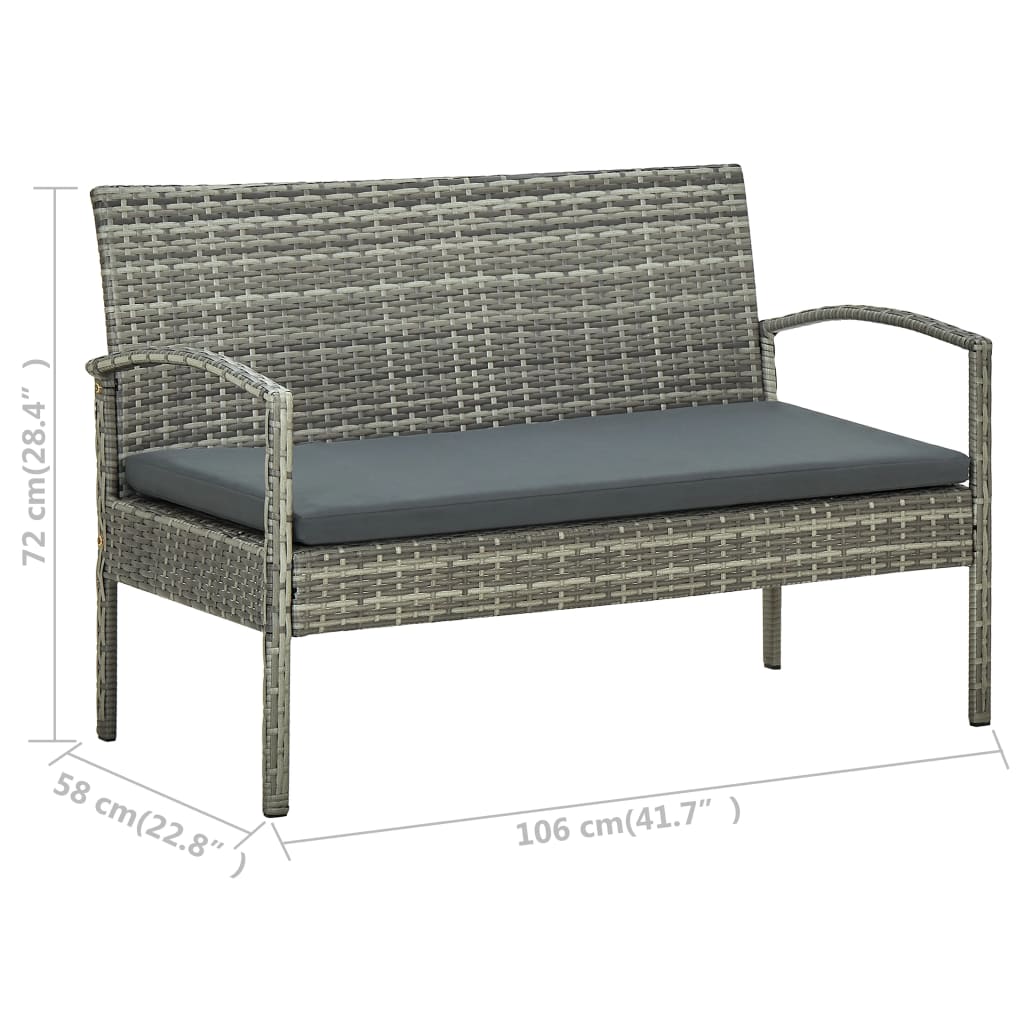 Tuinbank 3-zits met kussen poly rattan grijs