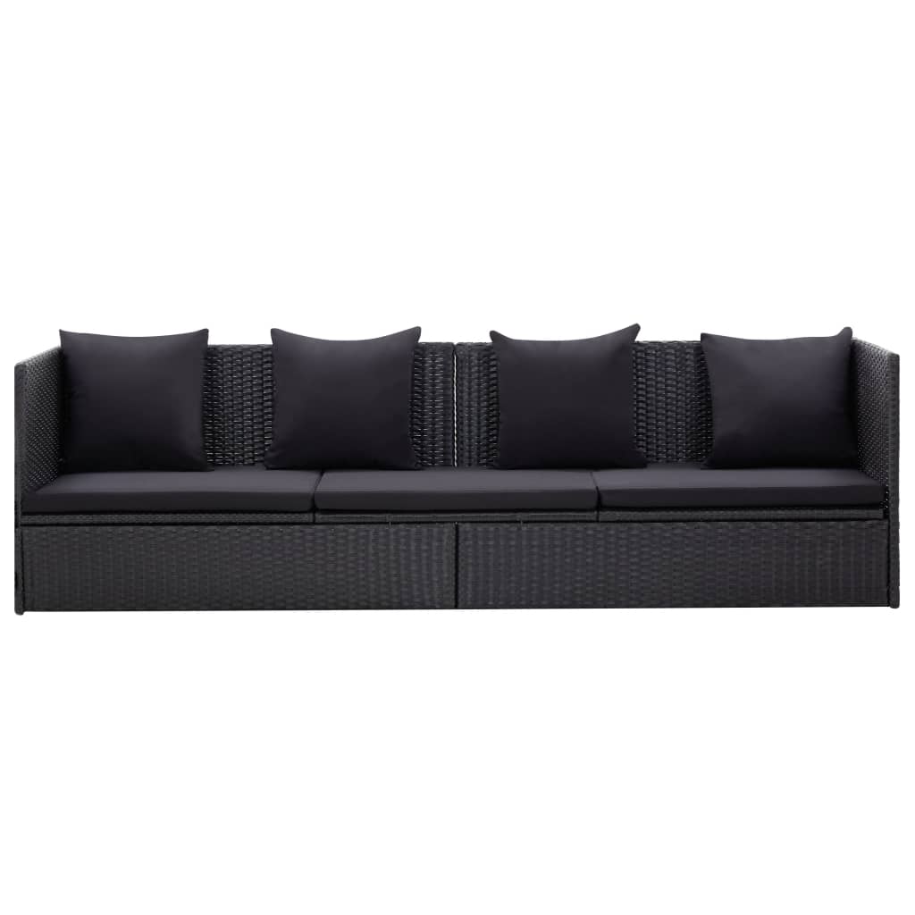 Tuinbed met kussens poly rattan zwart