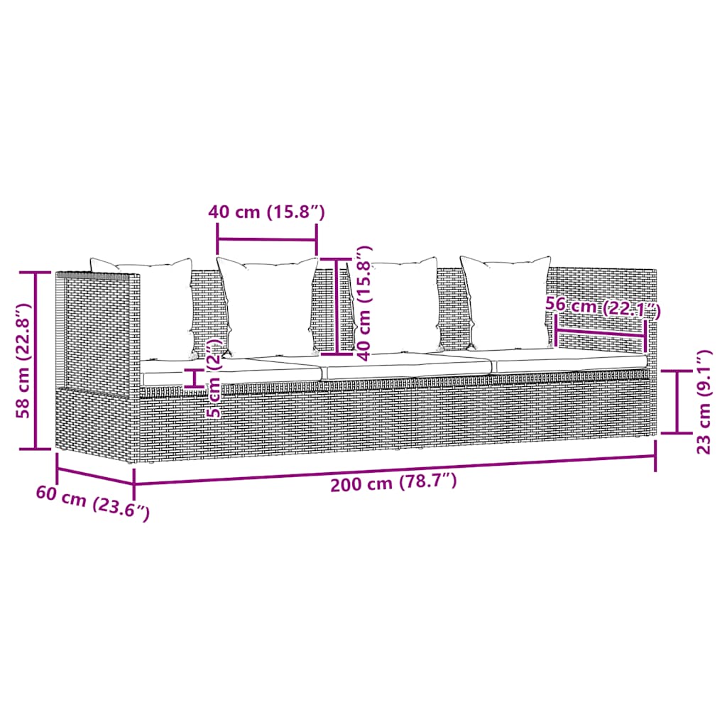 Tuinbed met kussens poly rattan zwart