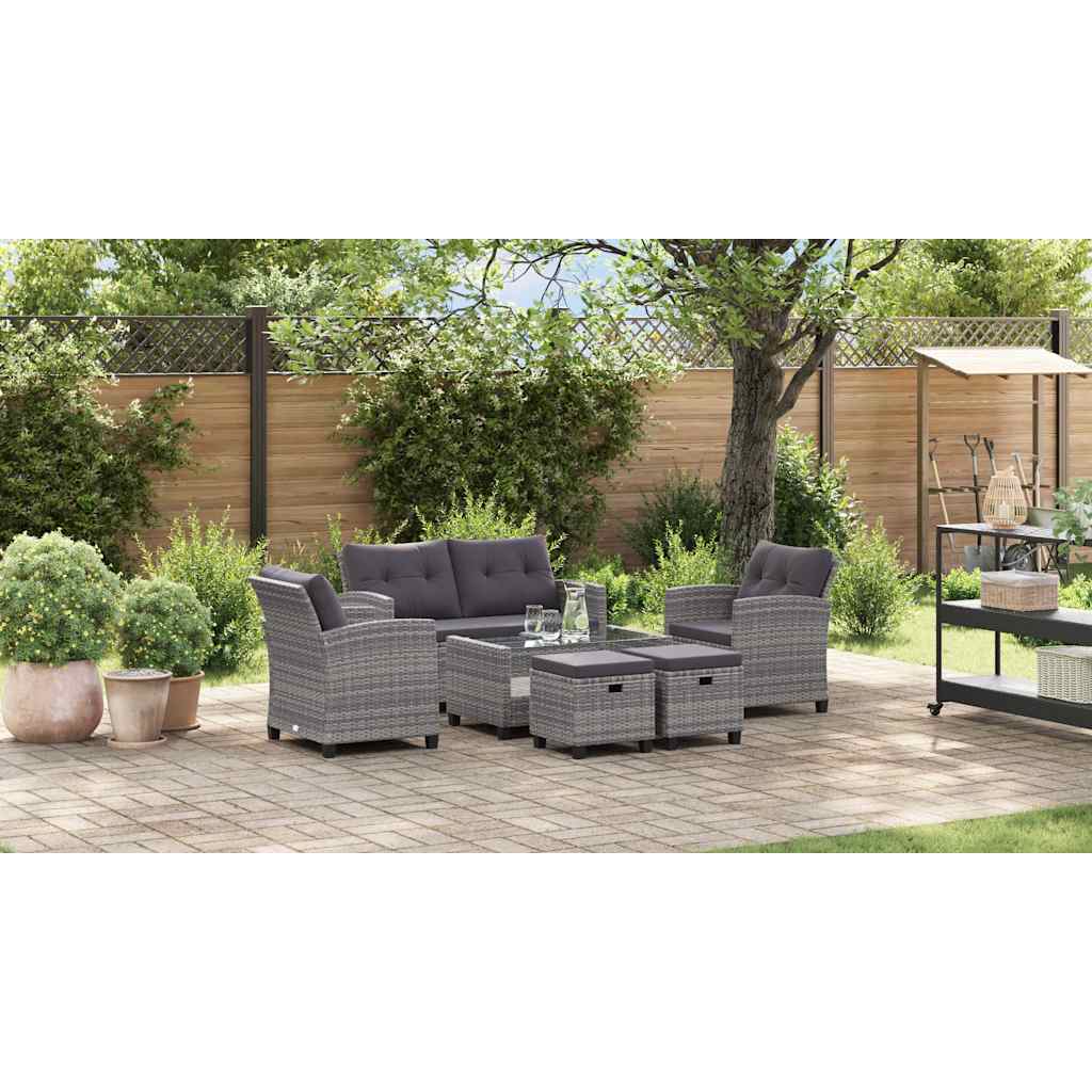 6-delige Loungeset met kussens poly rattan donkergrijs