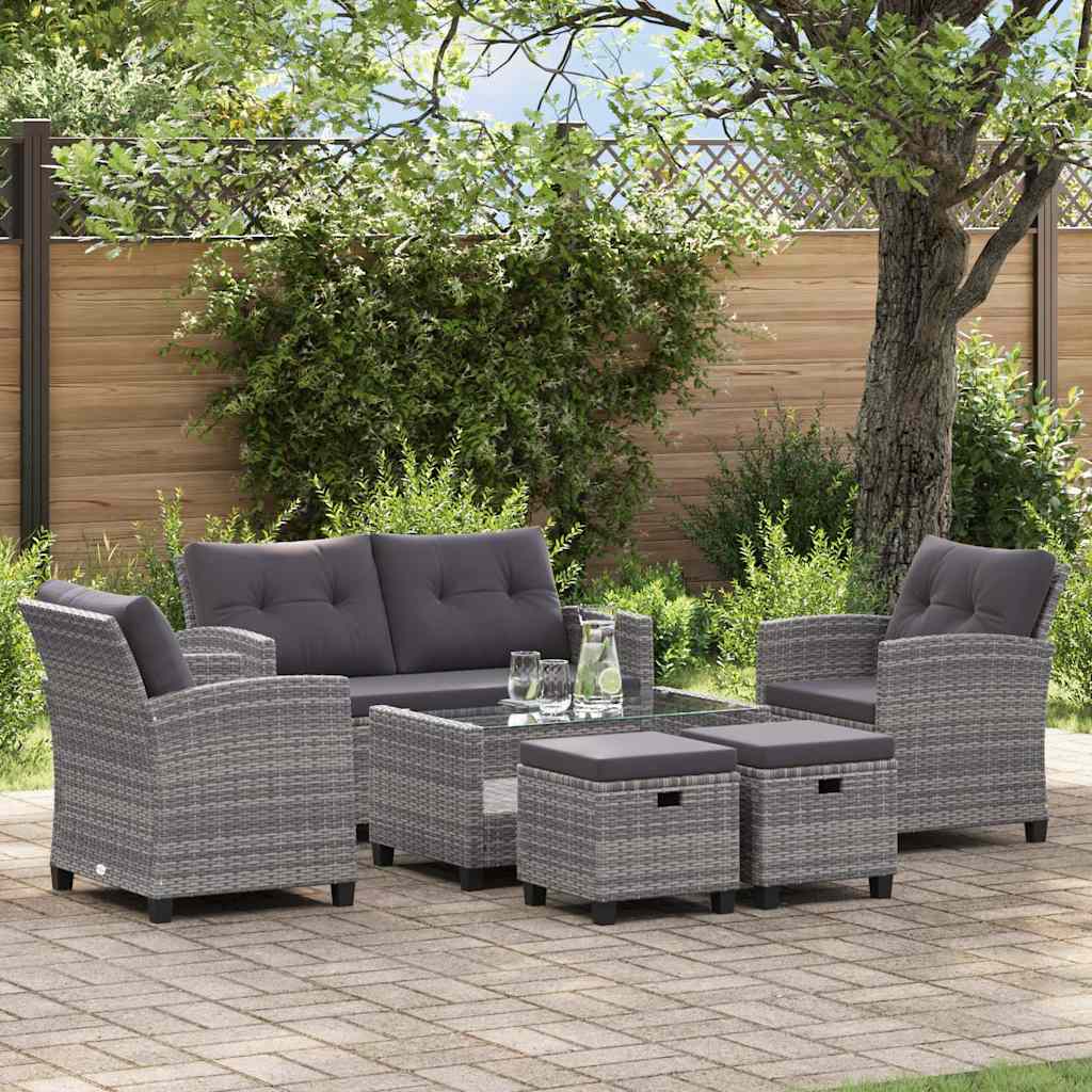 6-delige Loungeset met kussens poly rattan donkergrijs