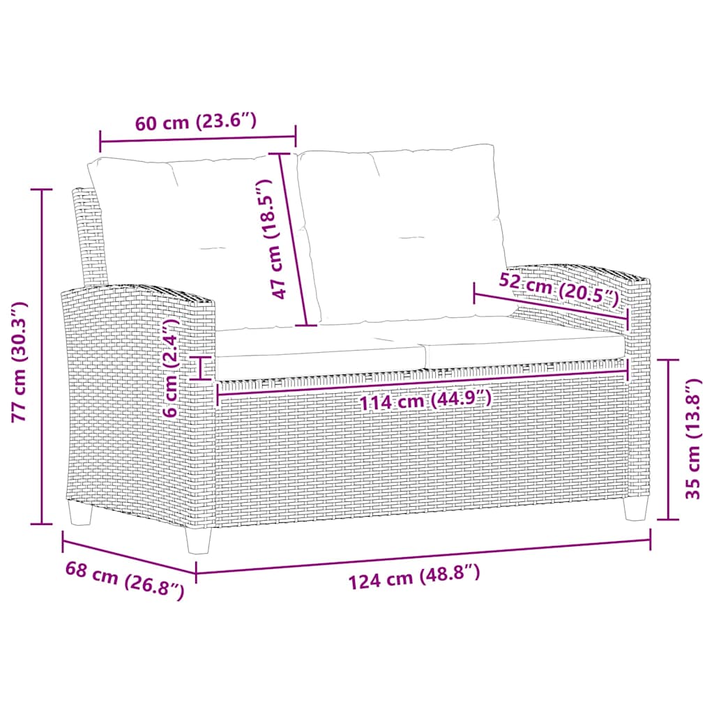 Tuinbank 2-zits met kussens 124 cm poly rattan zwart